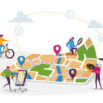 Tiny Characters at Huge Location Map, People Use Online Application on Smartphone with Geolocation App Pins. Possible Routes, Distances, Gps Navigation Positioning Concept Cartoon Vector Illustration