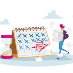 Deadline, Time Management in Business. Tiny Stressed Businessman Character with Documents Pile at Huge Calendar Make Paperwork. Schedule, Affairs for Month, Work Planning. Cartoon Vector Illustration